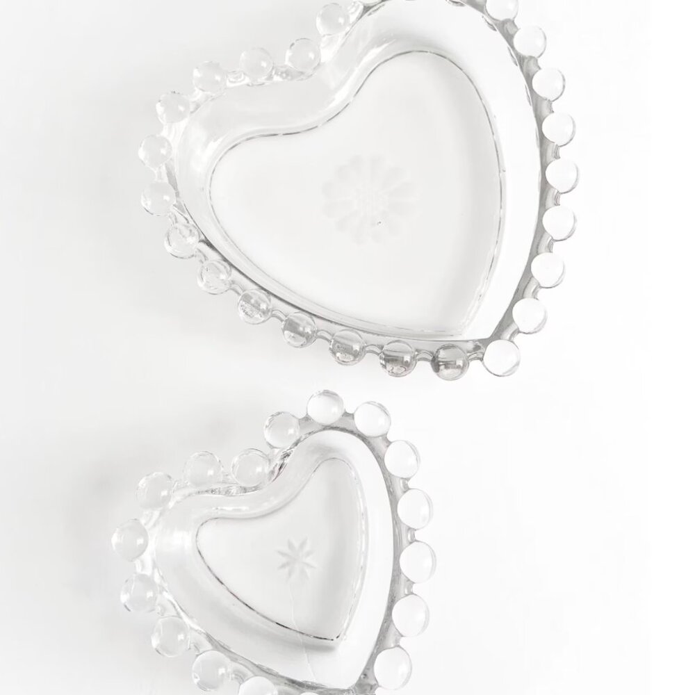 Vintage Set 2 Glass Heart Trinket Dishes /Imperial Glass Candlewick Cornflower